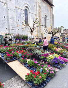 Flower market stalls outside church in Cadouin in the Dordogne