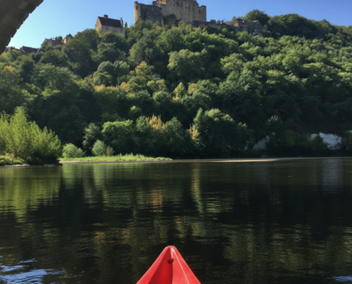 Canoeing past chateau in Cadouin under bridge