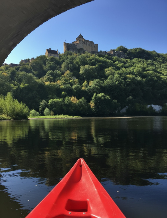 Canoeing past chateau in Cadouin under bridge