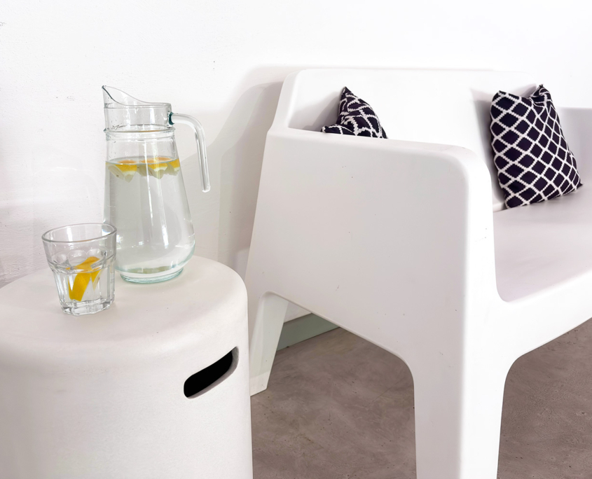 Drinks and soft furnishings in our yoga room