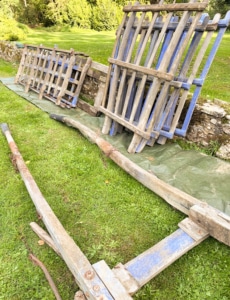 Antique hay wagon in pieces at the gite